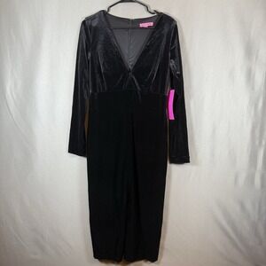 Betsey Johnson Black Velvet V-Neck Long Sleeve Midi Dress Goth Vampire 12